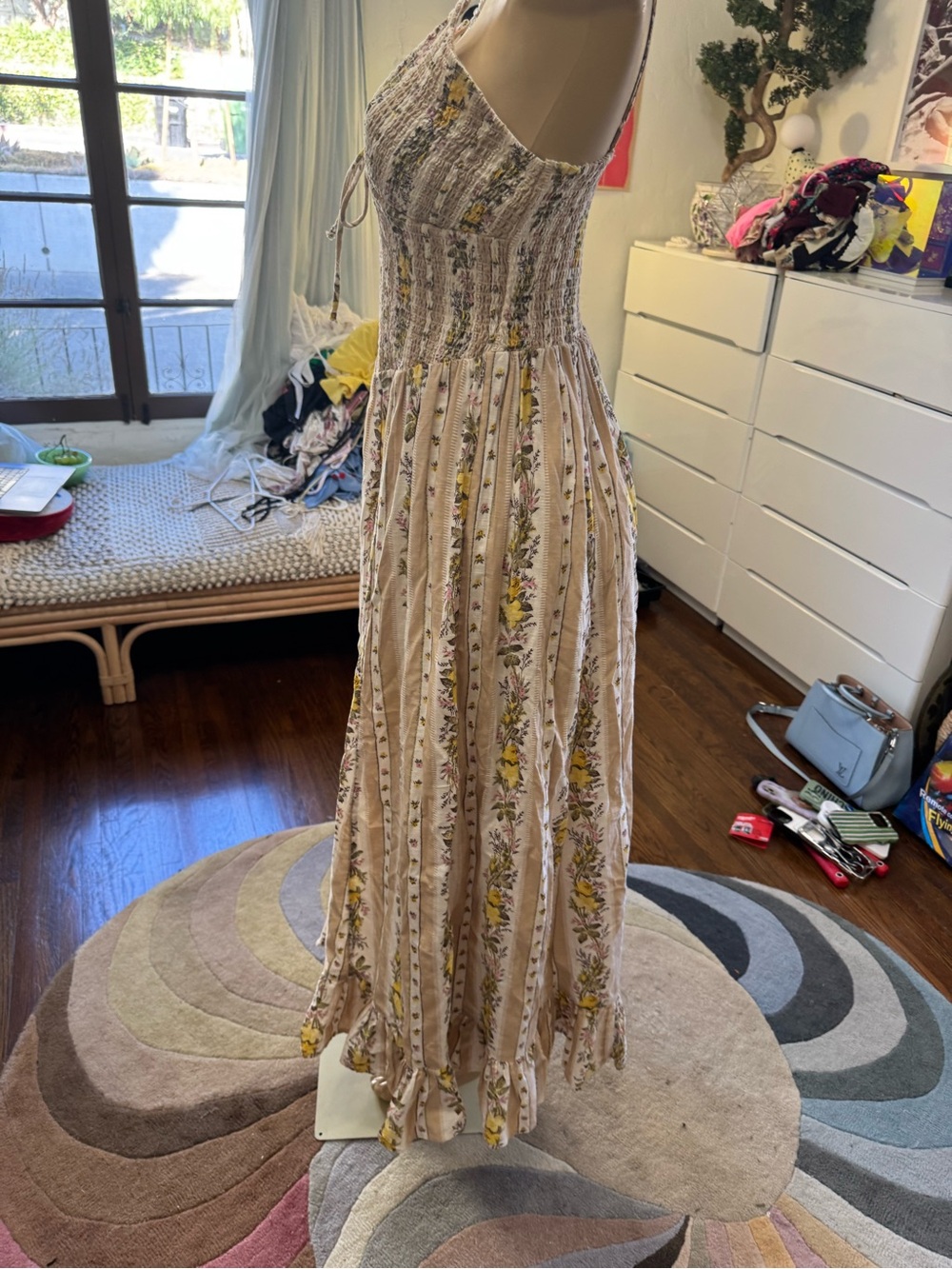 Floral Smocked Bodice Spaghetti-Strap Maxi Dress in Beige and Yellow size M - Picture 10 of 11